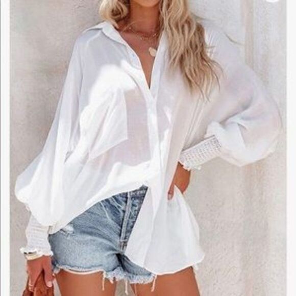 Boutique Tops - NEW Oversized White Drop Shoulder Button Down Blouse